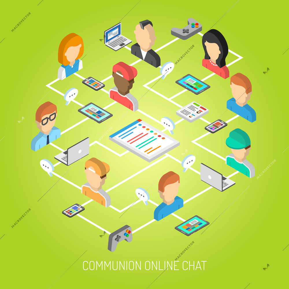 Internet chat concept with isometric online communication symbols and people avatars vector illustration