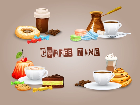 Coffee decorative icons set with drink and sweet desserts isolated vector illustration