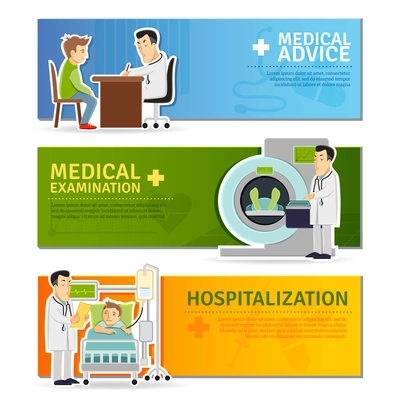 Medical horizontal banners set with examination advice and hospitalization elements isolated vector illustration