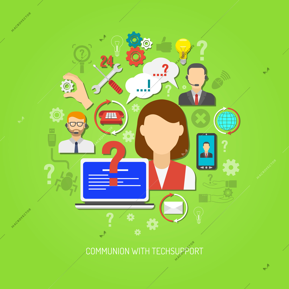 Tech support concept with flat operator portrait and problem solving icons vector illustration