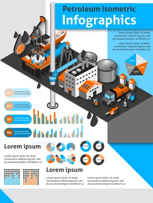 Petroleum isometric infographics set with oil production and distribution symbols and charts vector illustration