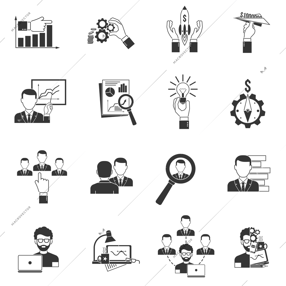 Business icon black set with businessmen collaboration meeting office work isolated vector illustration