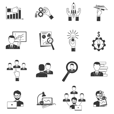 Business icon black set with businessmen collaboration meeting office work isolated vector illustration