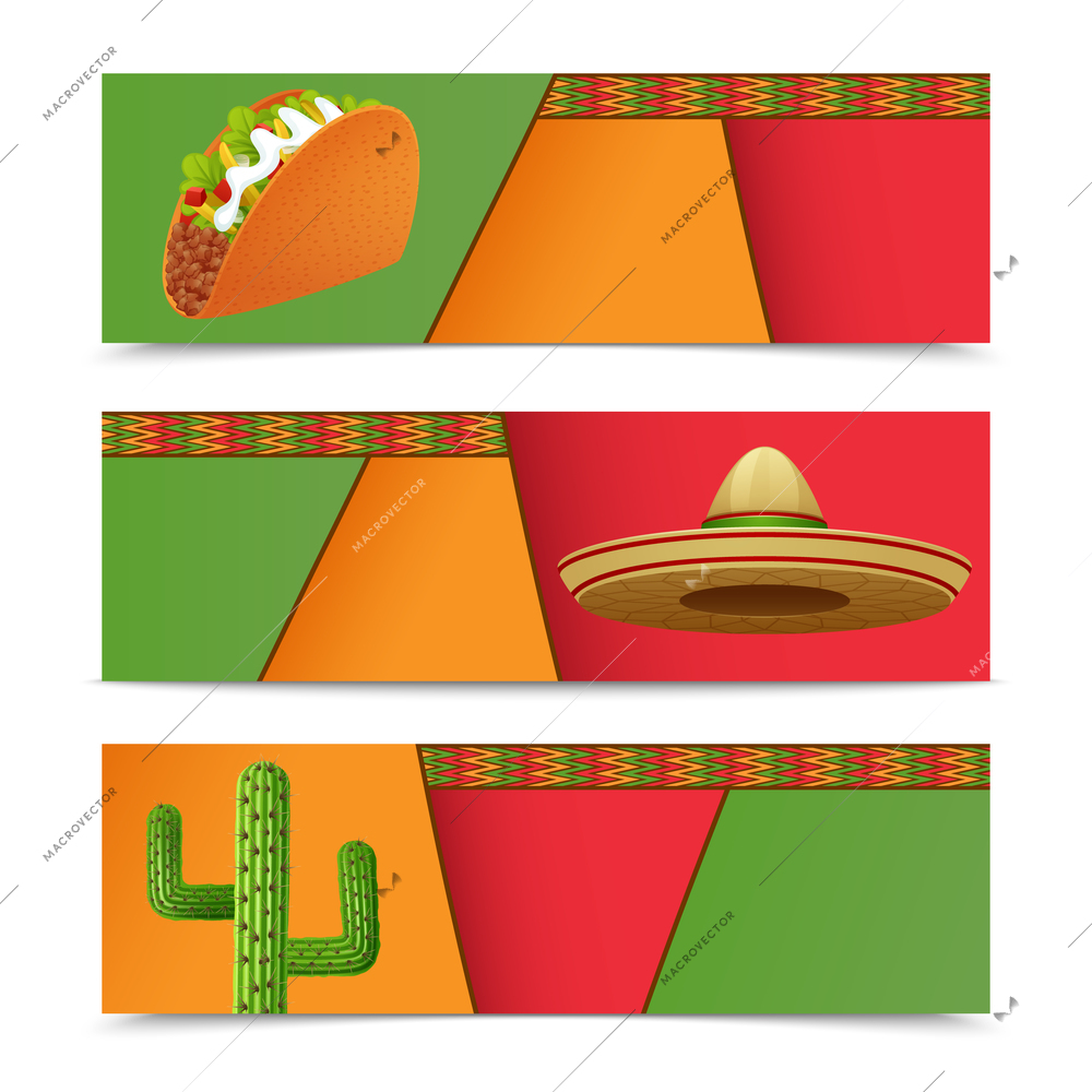 Mexican banners horizontal set with taco sombrero cactus isolated vector illustration