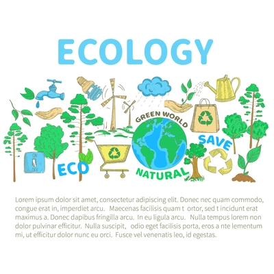 Ecology concept with doodle green world concervation doodle decorative icons set vector illustration
