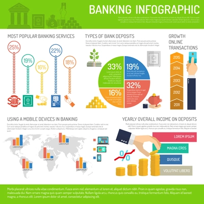 Banking infographics set with finance market symbols and charts vector illustration