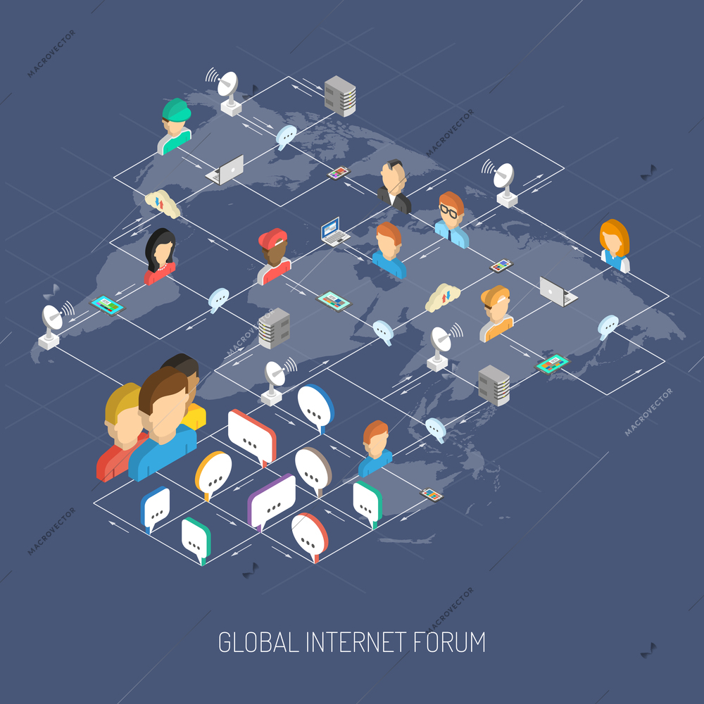 Internet forum concept with isometric people avatars speech bubbles and world map vector illustration