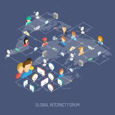 Internet forum concept with isometric people avatars speech bubbles and world map vector illustration