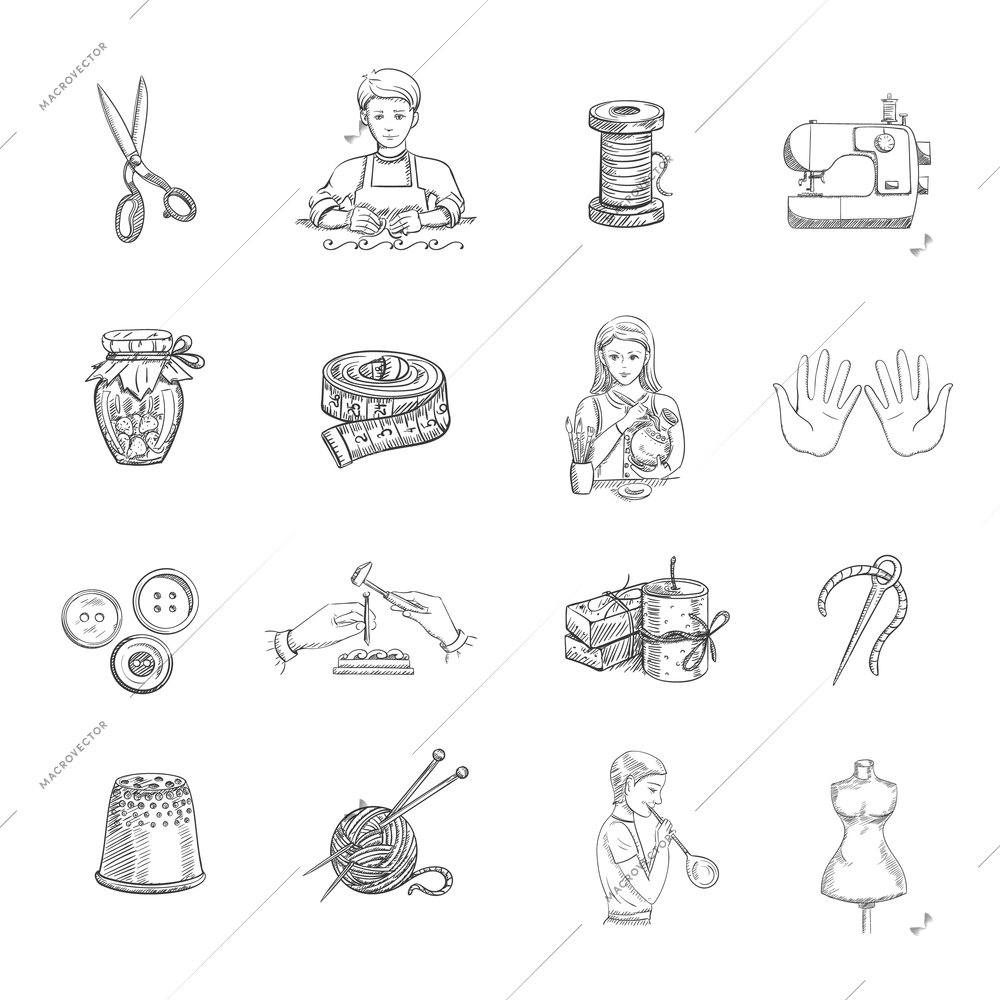 Sketch handmade hand drawn icons set with tailoring and sewing equipment isolated vector illustration