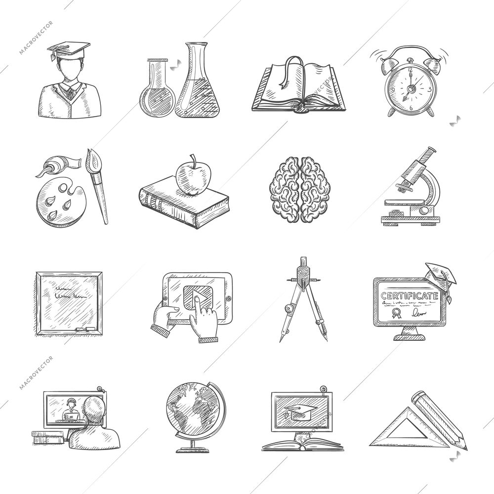 Education icons sketch set with blackboard globe books isolated vector illustration