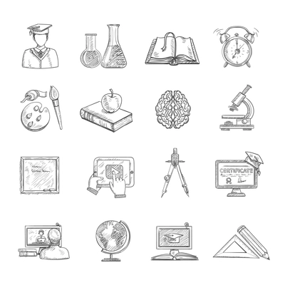 Education icons sketch set with blackboard globe books isolated vector illustration