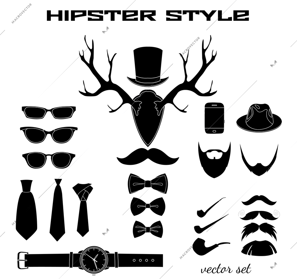 Hipster accessory pictograms collection of hat glasses mustache beard bow and tie vector illustration