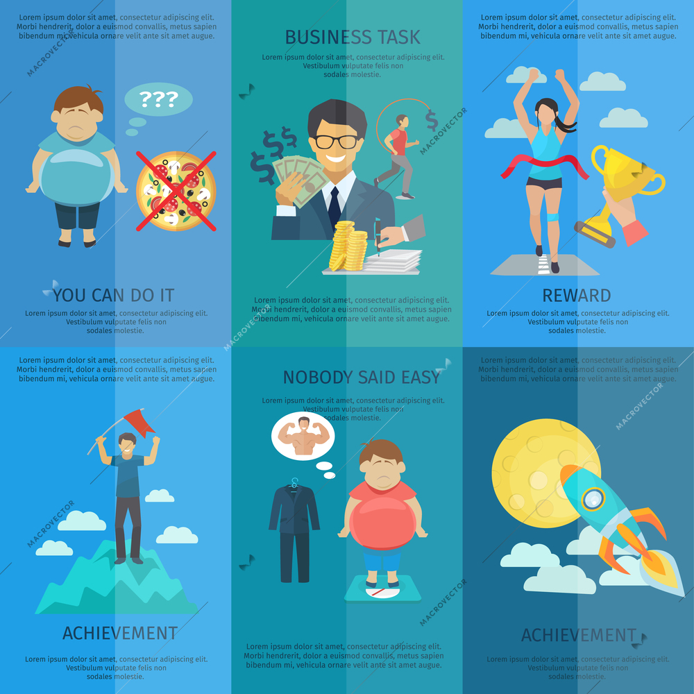 Vintage motivation mini poster set with business task achievement and reward isolated vector illustration