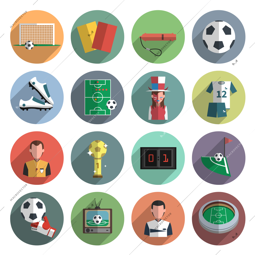 Soccer sport flat round icons set with corner ball and scoreboard abstract shadow isolated vector isolated illustration