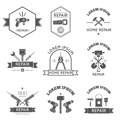 Black and white logo label tools for repair and home improvement in bw color vector illustration