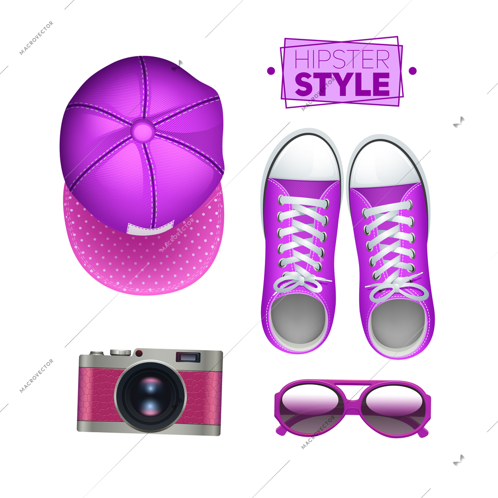 Girl hipster accessories set with gumshoes cap photo camera and sunglasses isolated vector illustration