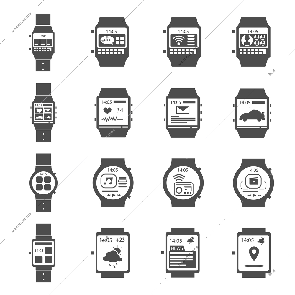 Smart watch for work and fitness icon black set isolated vector illustration