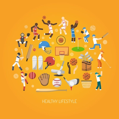 Sport and healthy lifestyle concept with flat players and accessories icons set vector illustration