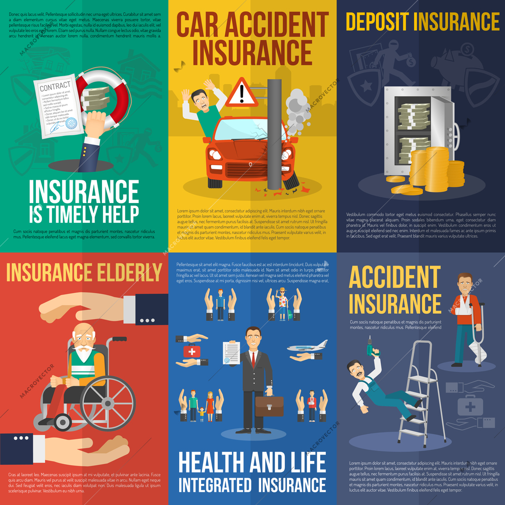 Insurance mni poster set with car acciden deposit health and life help isolated vector illustration