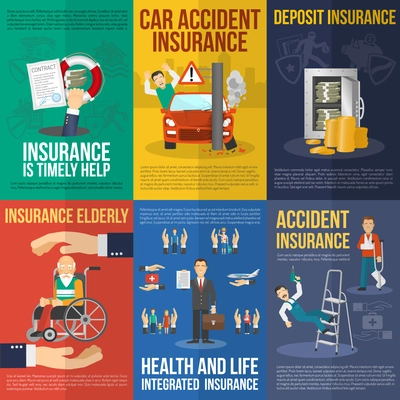 Insurance mni poster set with car acciden deposit health and life help isolated vector illustration