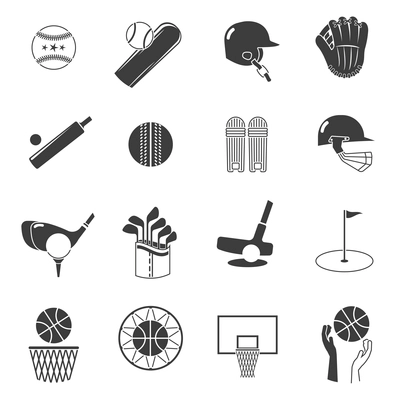 Sport icons black set with tennis baseball and volleyball equipment isolated vector illustration