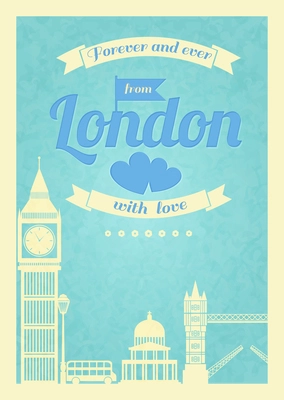 Love London vintage retro poster with big ben bridge and flyer vector illustration