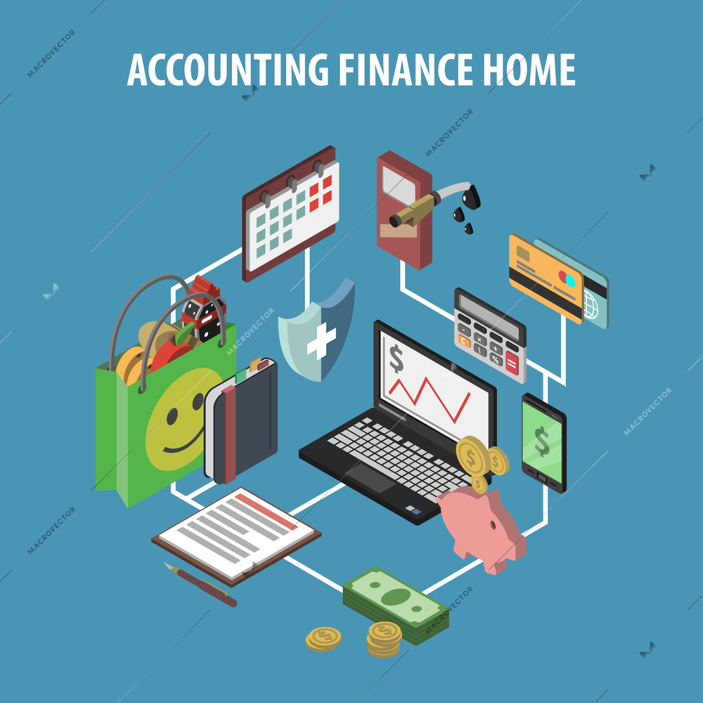 Home bank and personal finance concept with isometric accounting and investments icons vector illustration