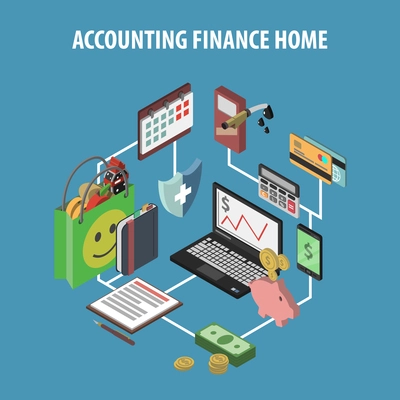 Home bank and personal finance concept with isometric accounting and investments icons vector illustration