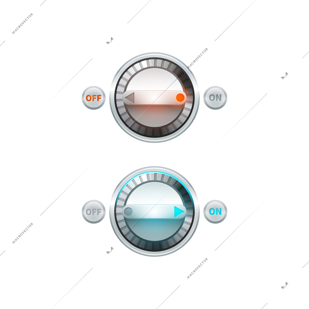 Round analog on off turn button set isolated vector illustration