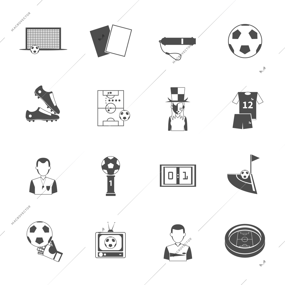 Soccer sport black icons set with referee umpire whistle and goalkeeper glove abstract isolated vector isolated illustration. Editable EPS and Render in JPG format