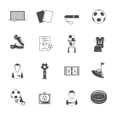 Soccer sport black icons set with referee umpire whistle and goalkeeper glove abstract isolated vector isolated illustration. Editable EPS and Render in JPG format