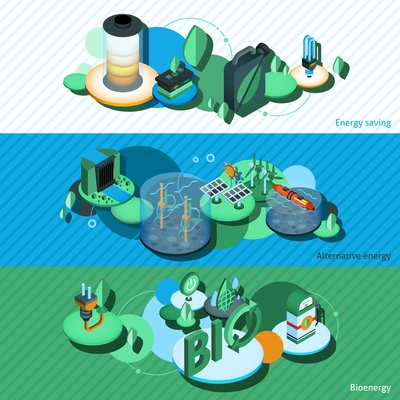 Green energy horizontal banners set with alternative bioenergy saving isometric elements isolated vector illustration