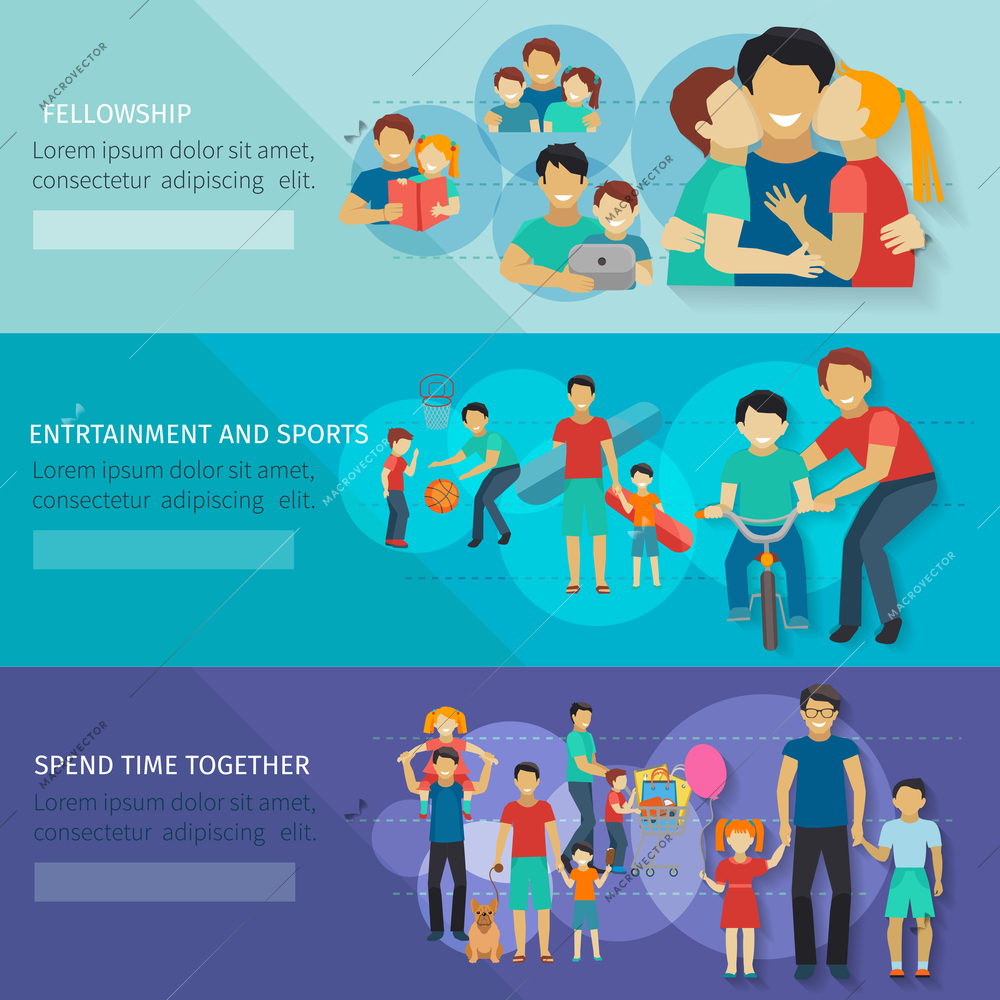 Fatherhood horizontal banner set with father and child sports and entertainment isolated vector illustration