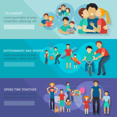 Fatherhood horizontal banner set with father and child sports and entertainment isolated vector illustration