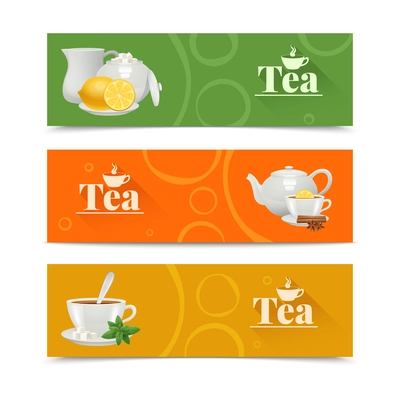 Tea horizontal banners set with porcelain service isolated vector illustration