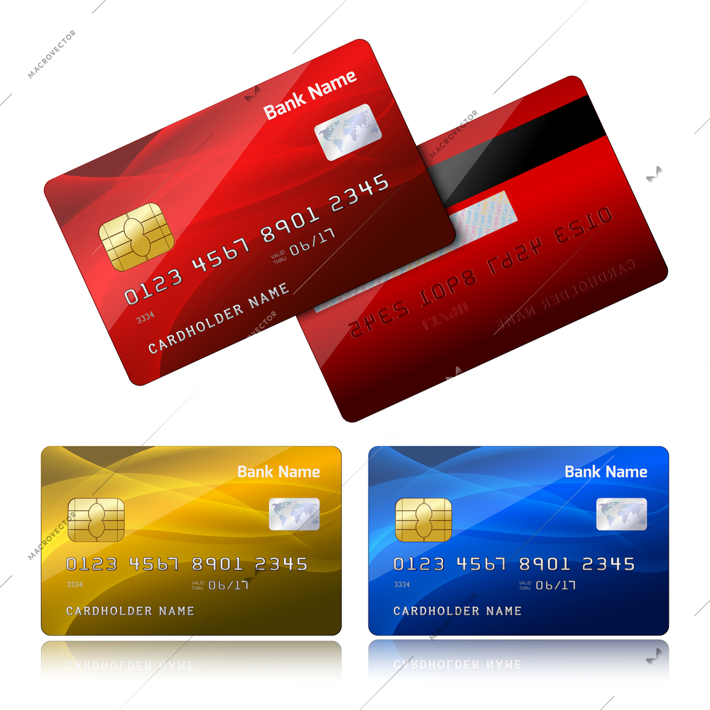 Front and back side of realistic bank credit card with security chip for shopping and payments isolated vector illustration