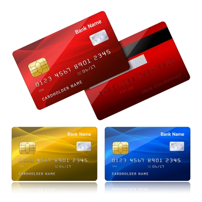 Front and back side of realistic bank credit card with security chip for shopping and payments isolated vector illustration
