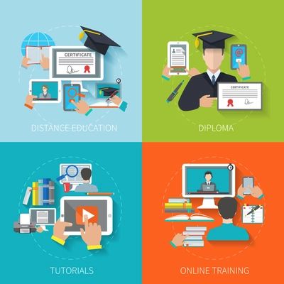 Online education design concept set with distance diploma tutorials training flat icons isolated vector illustration