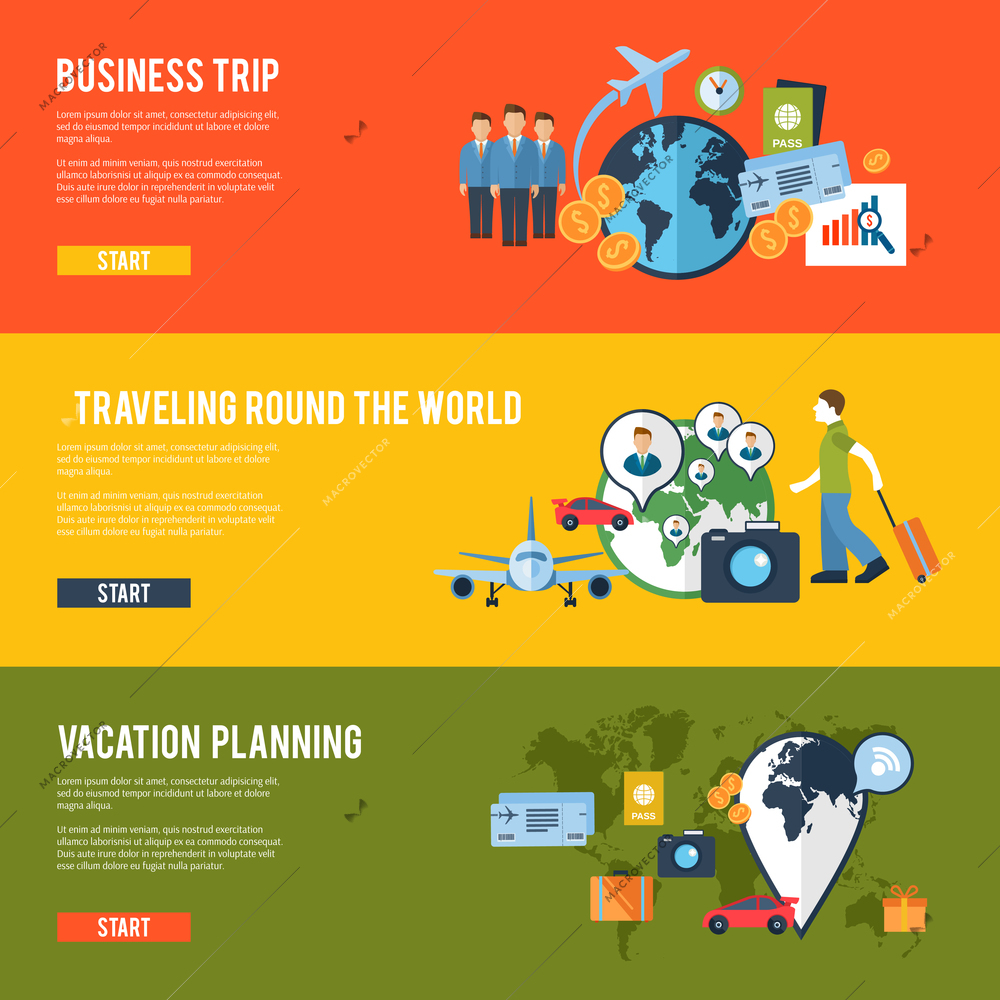 Round the world business team meeting traveling route trip planning horizontal banners set abstract isolated vector illustration