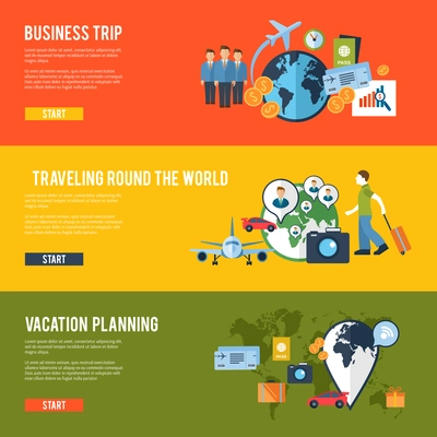 Round the world business team meeting traveling route trip planning horizontal banners set abstract isolated vector illustration