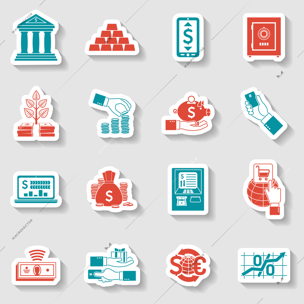 Banking money and financial investment paper sticker set isolated vector illustration