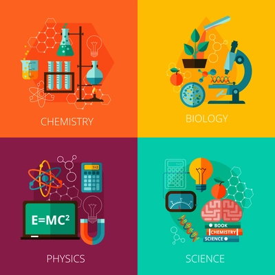 Biological physics laboratory and chemistry scientific education concept 4 flat icons composition print abstract isolated vector illustration