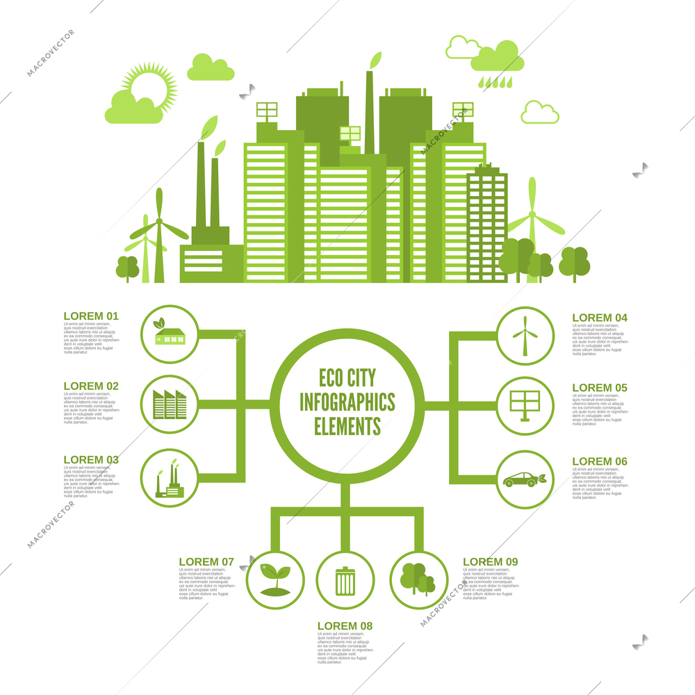 Eco town infographic set with green ecosystem elements and arrows vector illustration