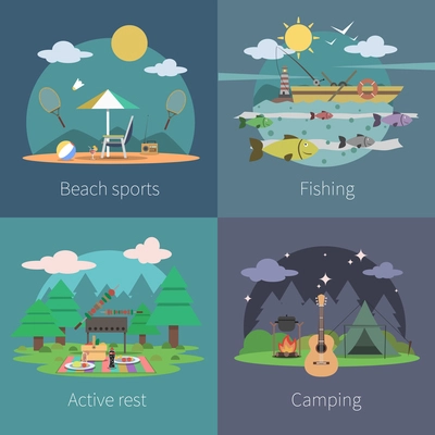 Summer design concept set with beach sports fishing active camping flat icons isolated vector illustration