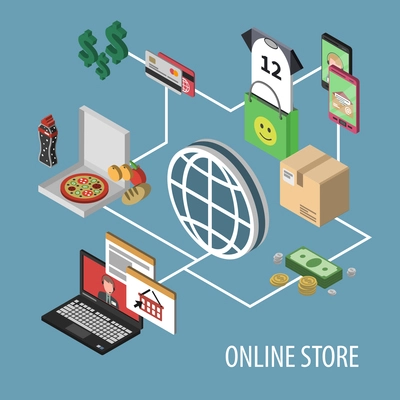 Online store and shopping concept with isometric purchase and delivery icons vector illustration