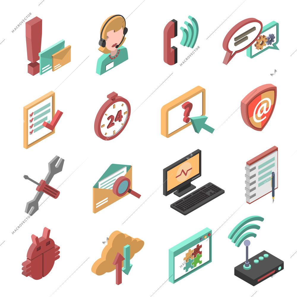 Telephone and internet technical support isometric icons set isolated vector illustration