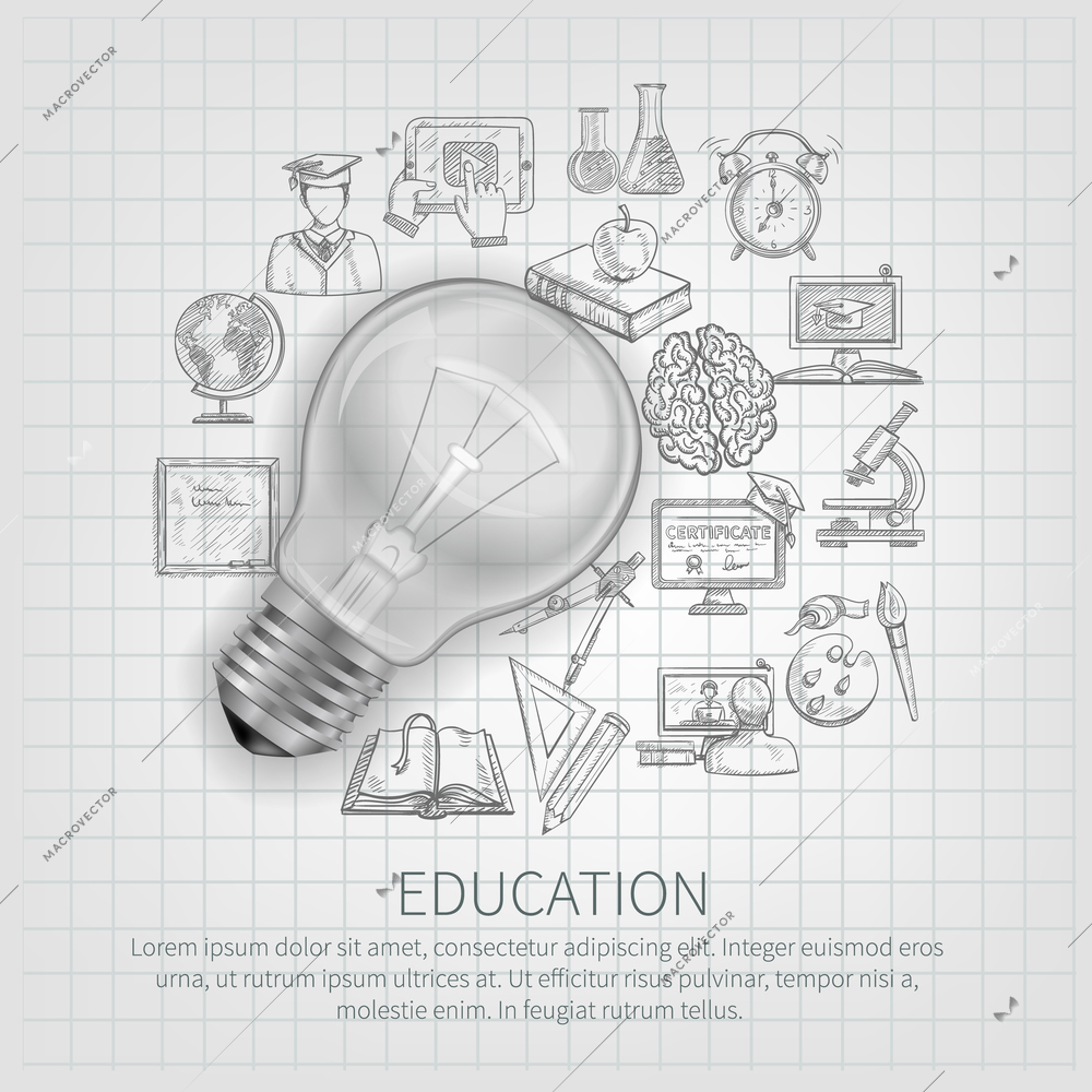 Education concept with learning sketch icons and realistic lightbulb vector illustration