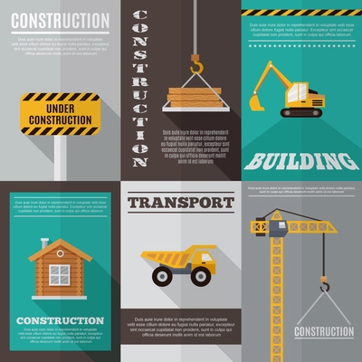 Construction mini poster set with building and transport isolated vector illustration