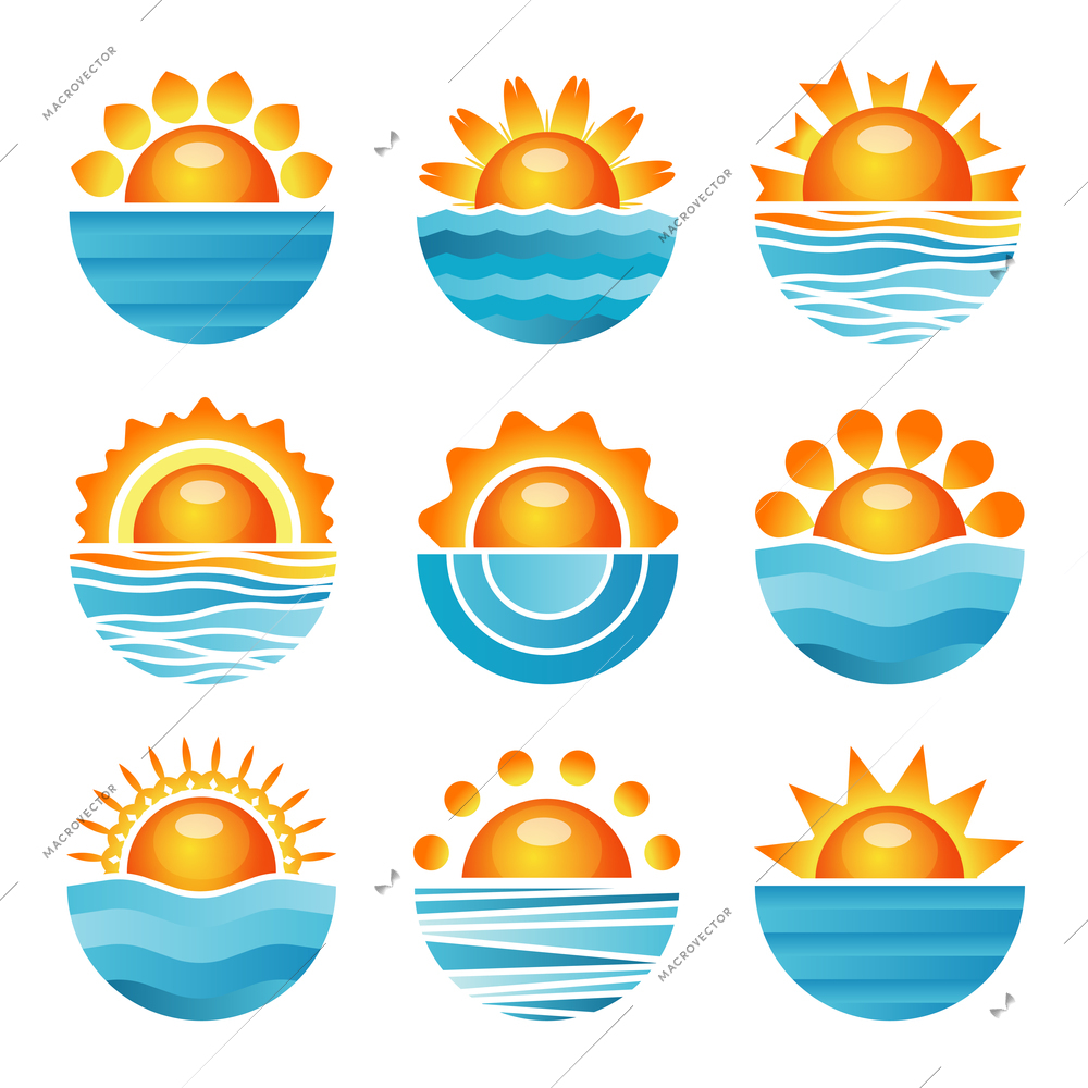 Sunset with sea waves and horizon round orange blue icons set flat isolated vector illustration