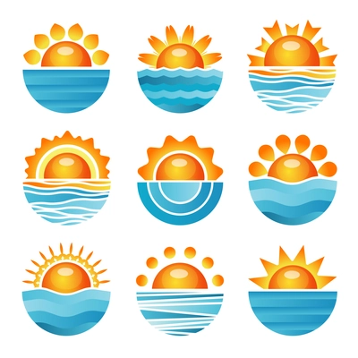 Sunset with sea waves and horizon round orange blue icons set flat isolated vector illustration